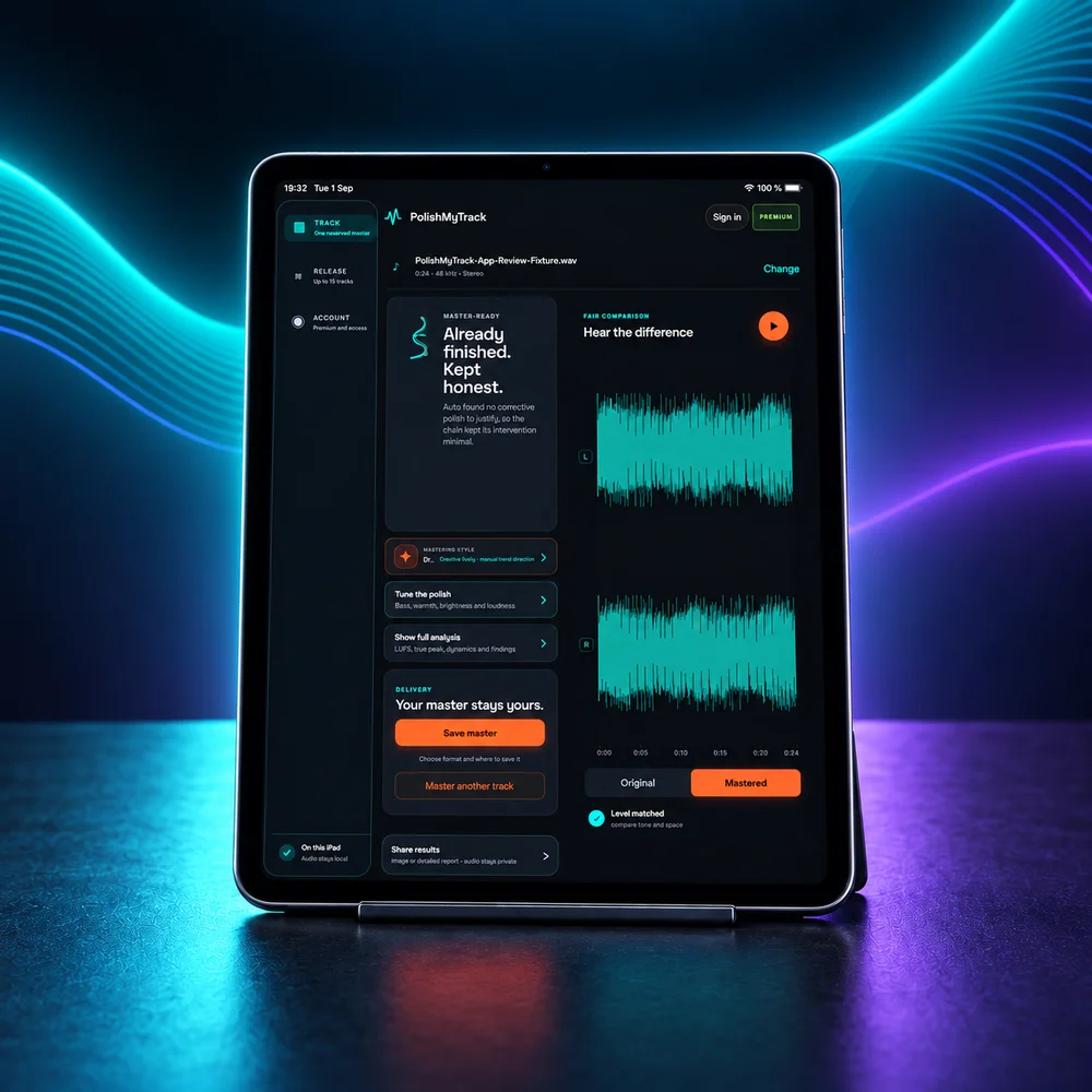 PolishMyTrack on iPad, with the mastering report, waveform comparison and export controls.