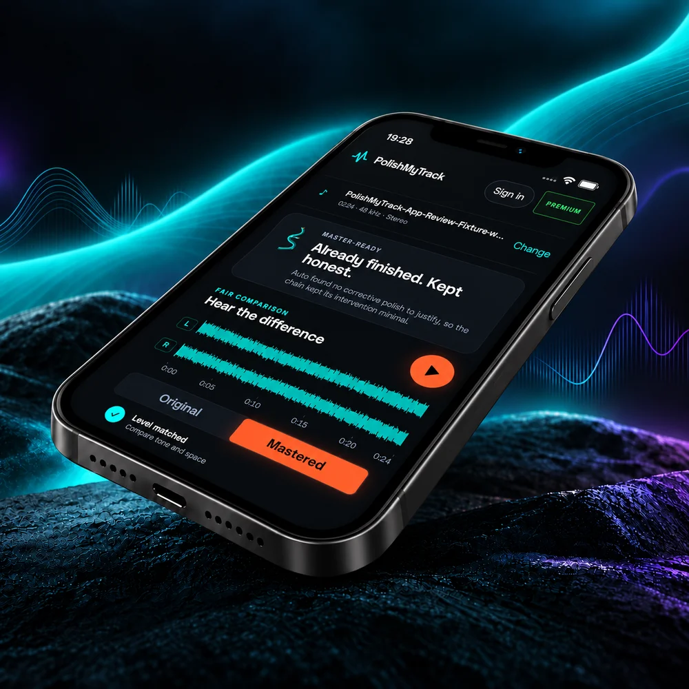 PolishMyTrack on iPhone, showing the original and mastered waveforms and playback controls.